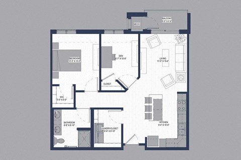Floor plan for 2 beds, 1 bath, 899 sqft